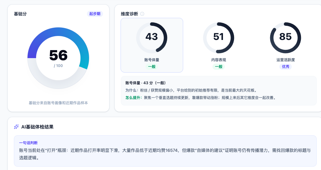1、先做基础诊断，看账号画像、基础分和各维度的评分